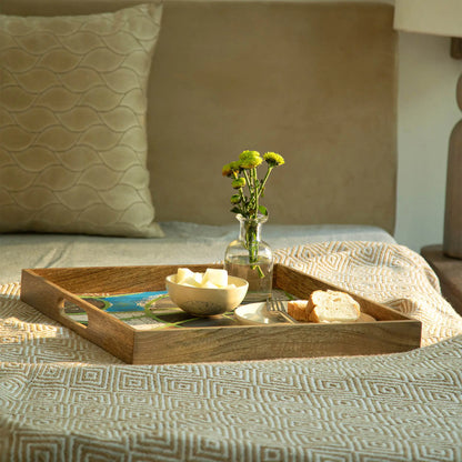 Wooden Muticolour Abstract Tray - Square