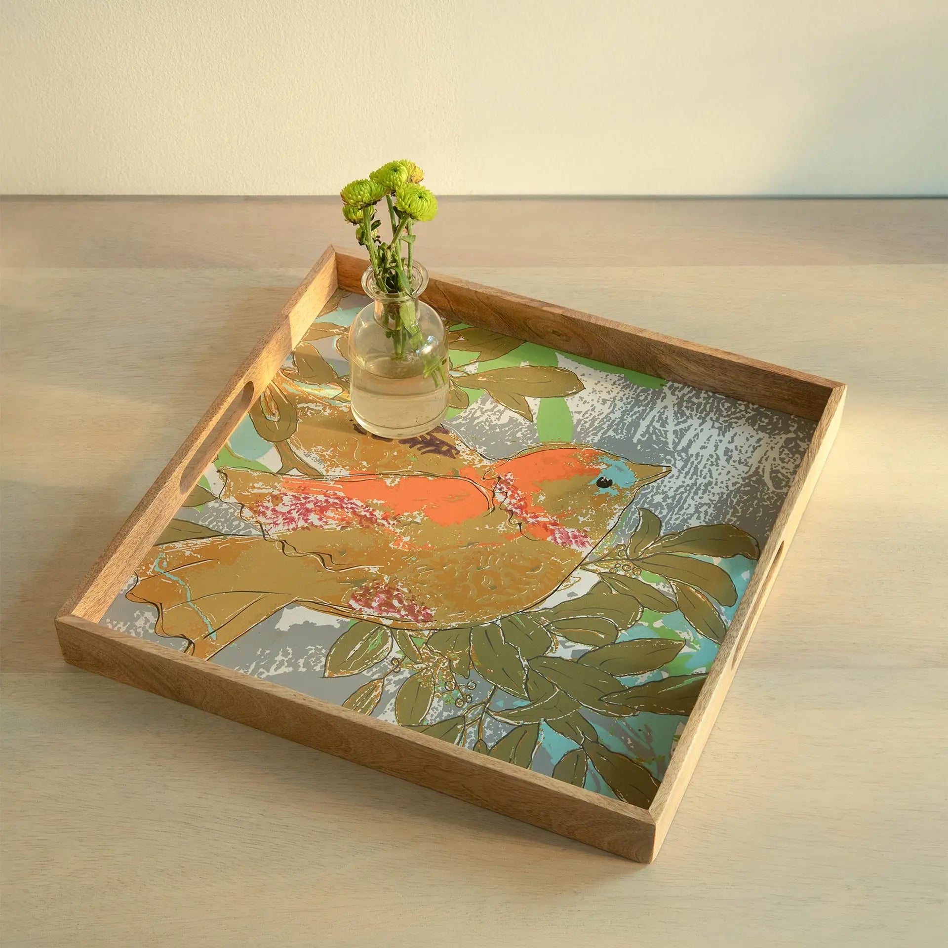 Wooden Multicolour Abstract Tray - Square