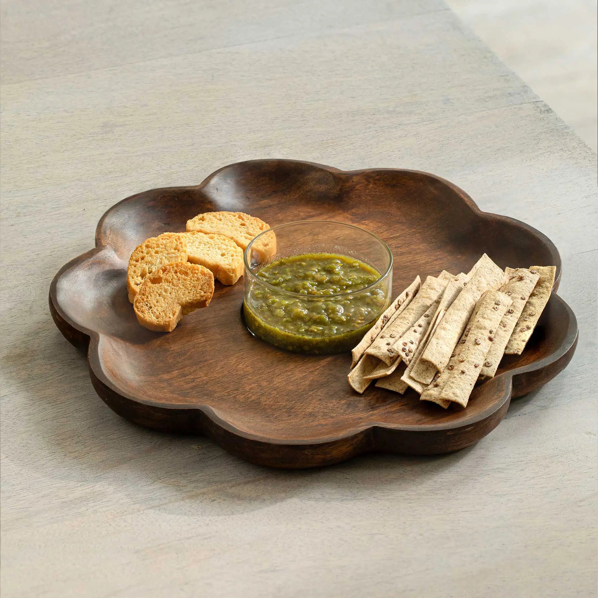 Floral Chip & Dip - Wood and Glass