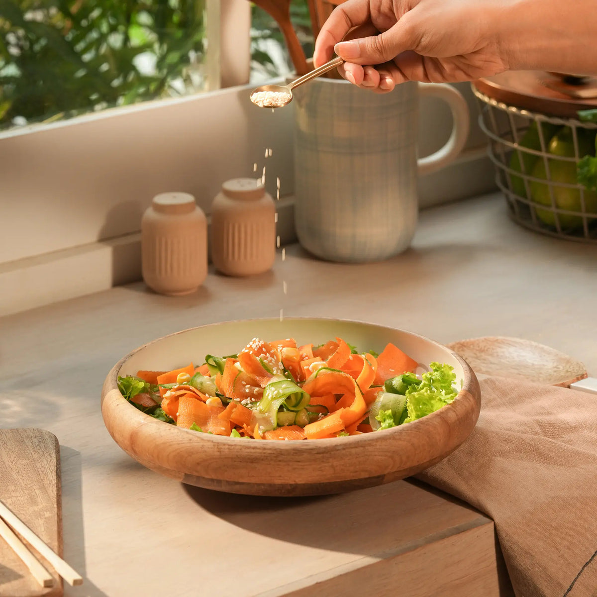 caramel enamelled wooden salad bowl - large