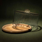 glass cloche with scallop wooden base