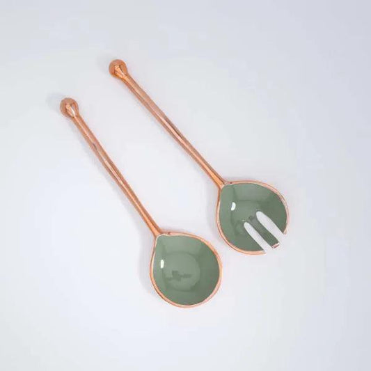 Sap Green Metal And Enamel Fusion Salad Server Set (Set Of 2) - ellementry