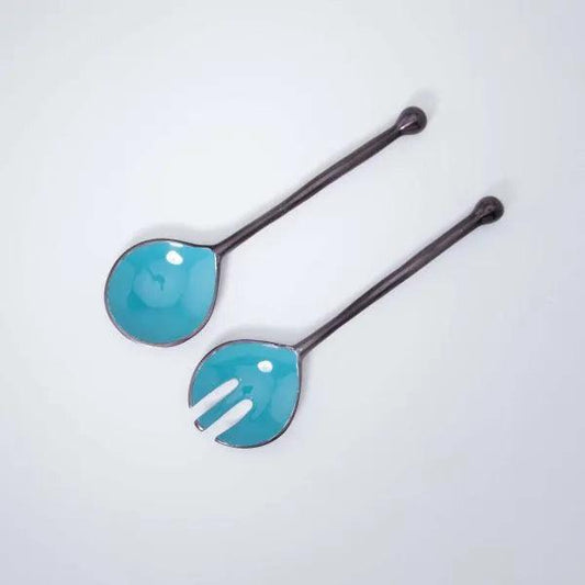Teal Metal And Enamel Fusion Salad Server Set (Set Of 2) - ellementry