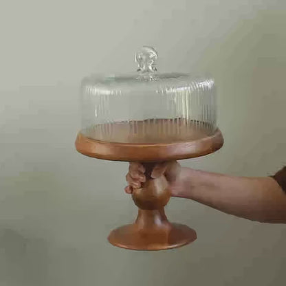 Fluted Glass Cloche With Wooden Stand