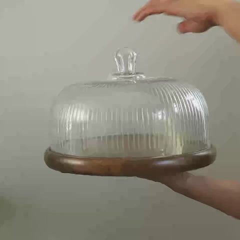Fluted Glass Cloche With Wooden Base