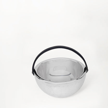 SS Fruit Bowl W/Leather Handle Silver Glossy