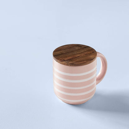 Ceramic Mug Stripes W/Wdn Lid Blush