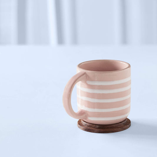 Ceramic Mug Stripes W/Wdn Lid Blush