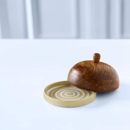 Ceramic Butter Dish Stripes with wooden Lid - Lemon