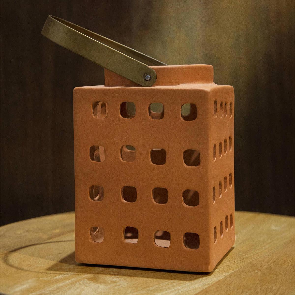 Lupa Terracotta Square Lantern W/Metal Handle - Large