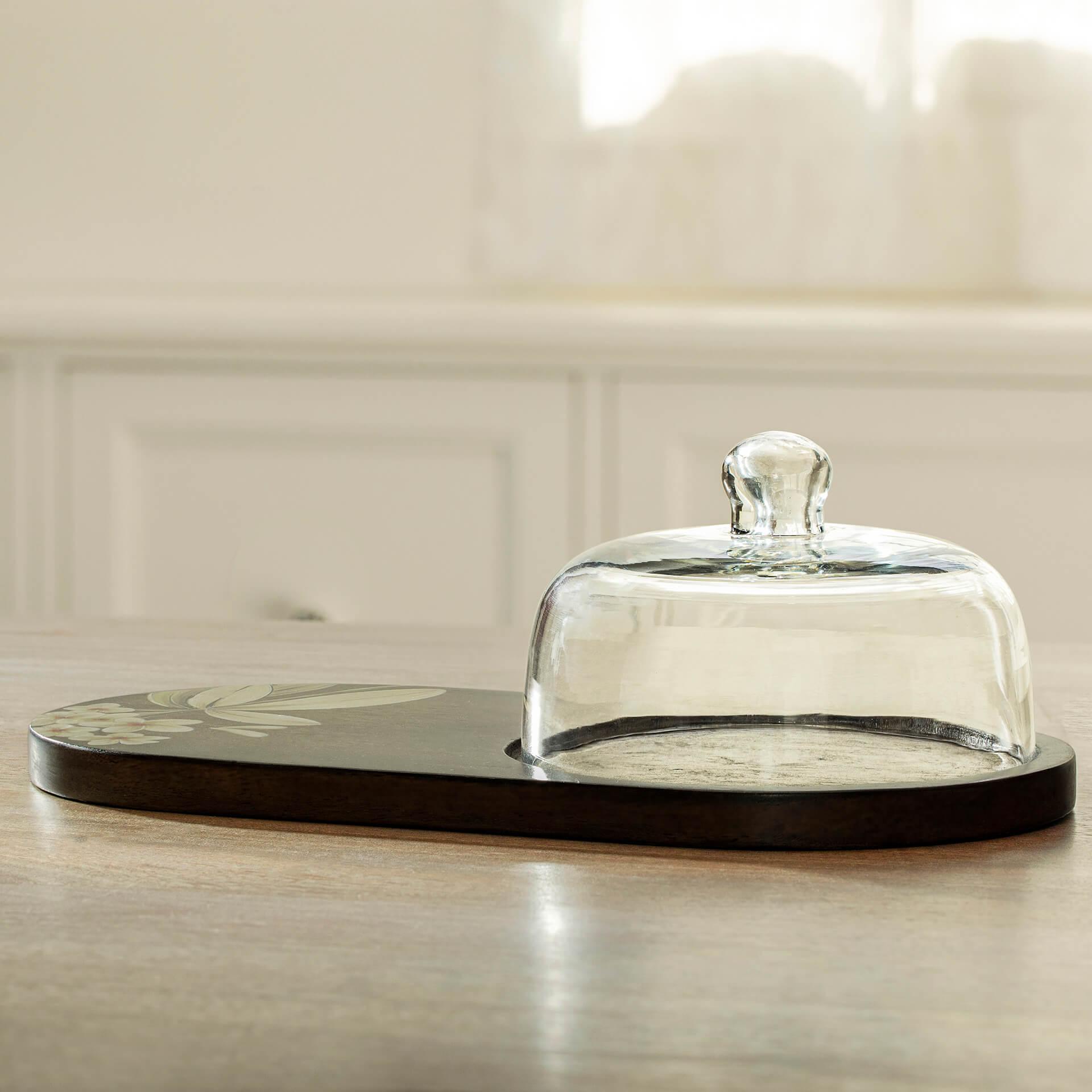 Frangipani Glass Cloche with Wooden Platter - ellementry