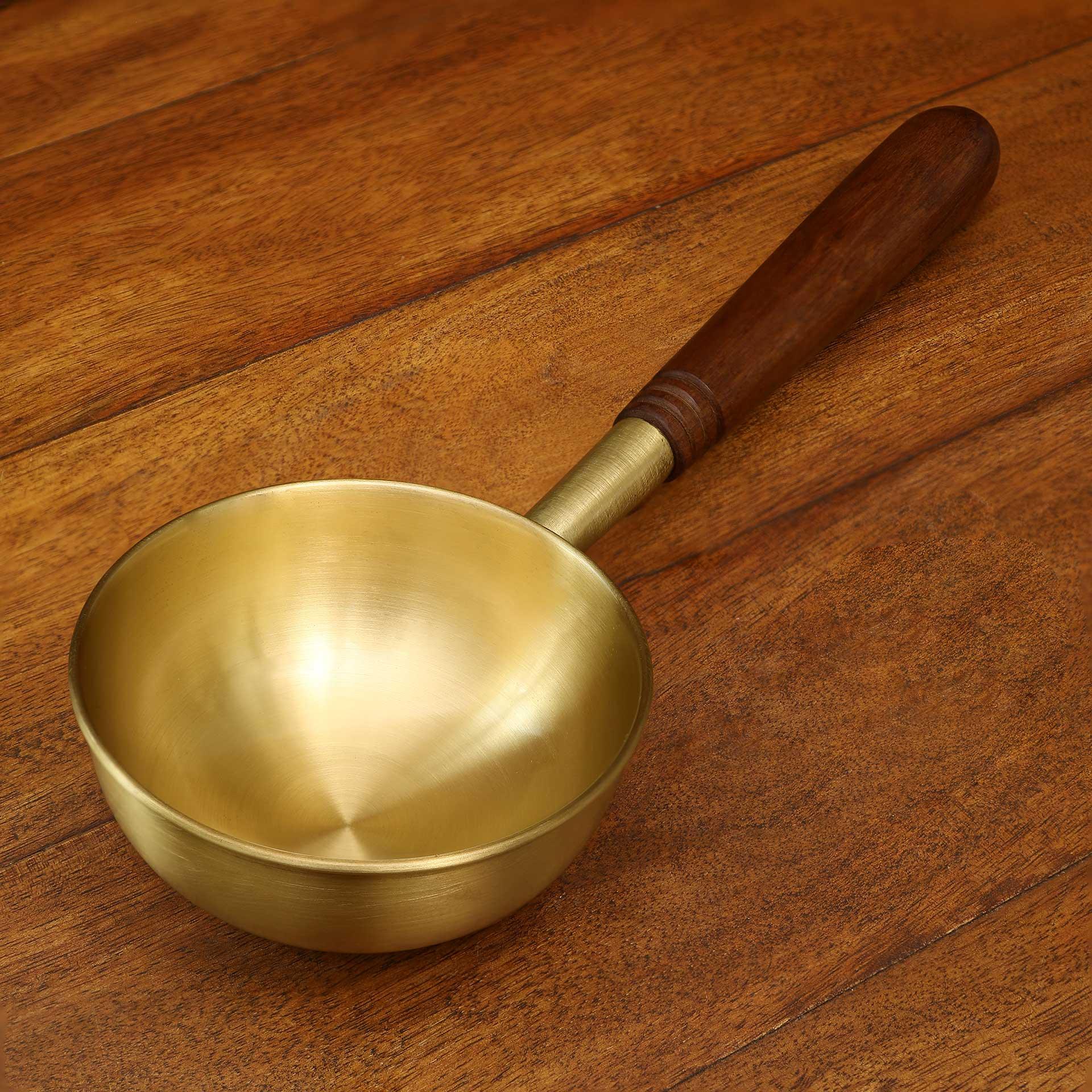 Arra brass tadka pan with wooden handle