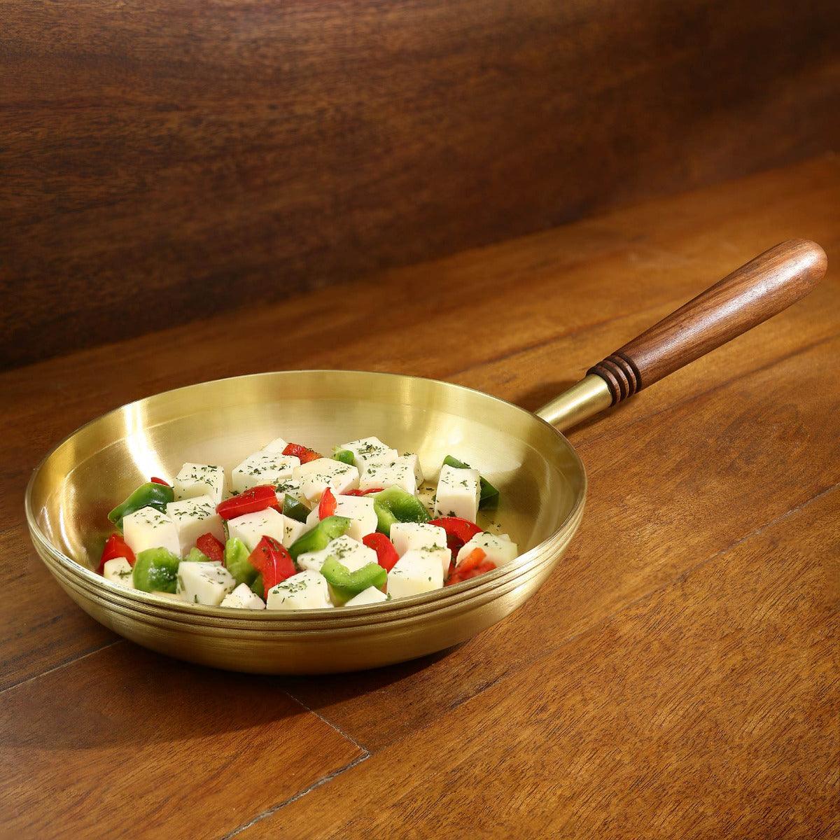 Arra brass fry pan with wooden handle