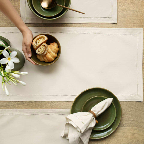 Classic Beige Cotton Border Stitch Table Runner - ellementry