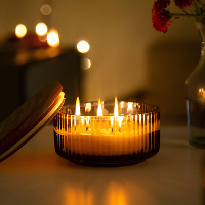Mahogany Natural Soy Wax Glass Bowl with Wooden Lid(4 Wick) - ellementry
