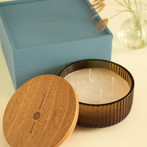 Mahogany Natural Soy Wax Glass Bowl with Wooden Lid(4 Wick) - ellementry