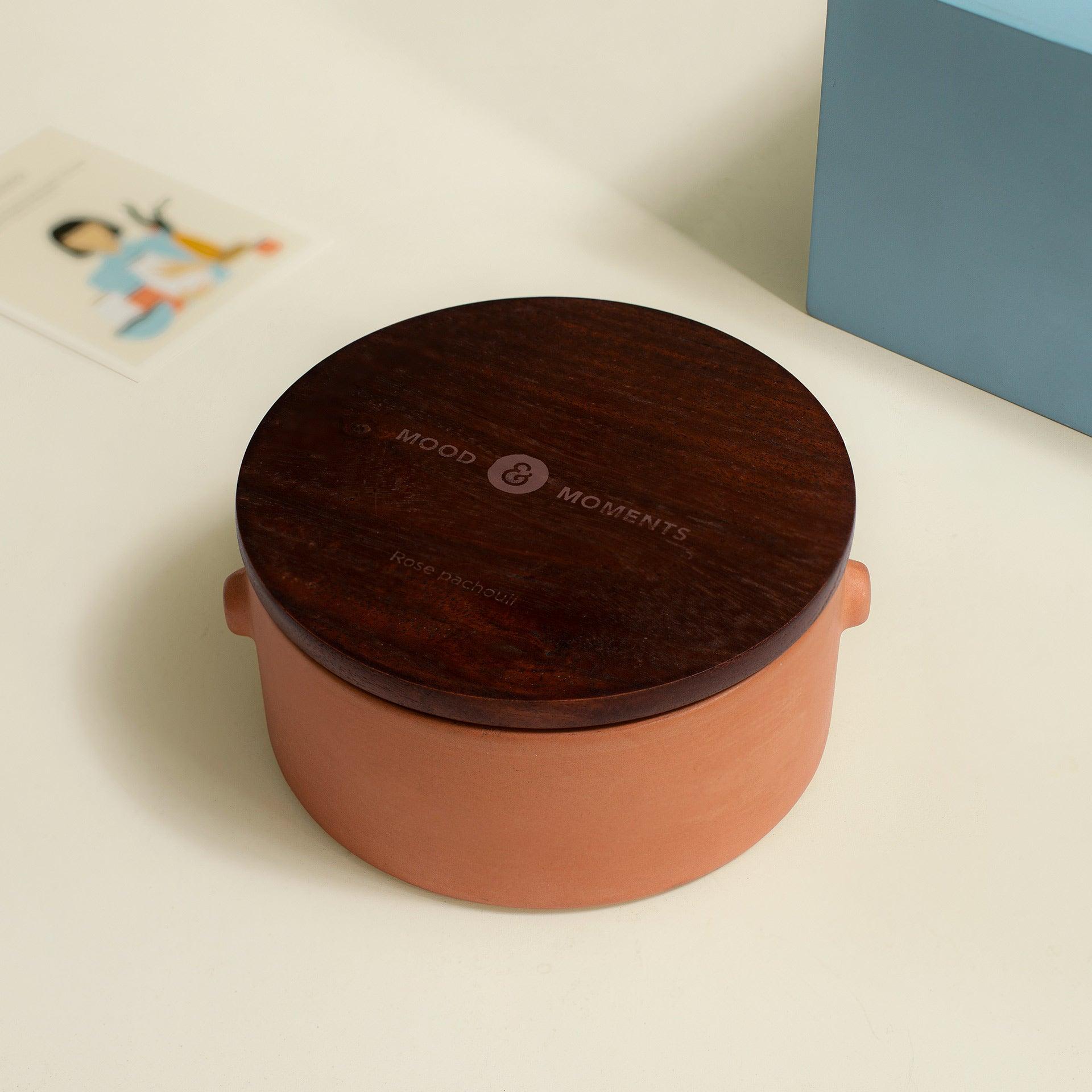 Rose patchouli Natural Soy Wax Terracotta Box with Wooden Lid (4 Wick)