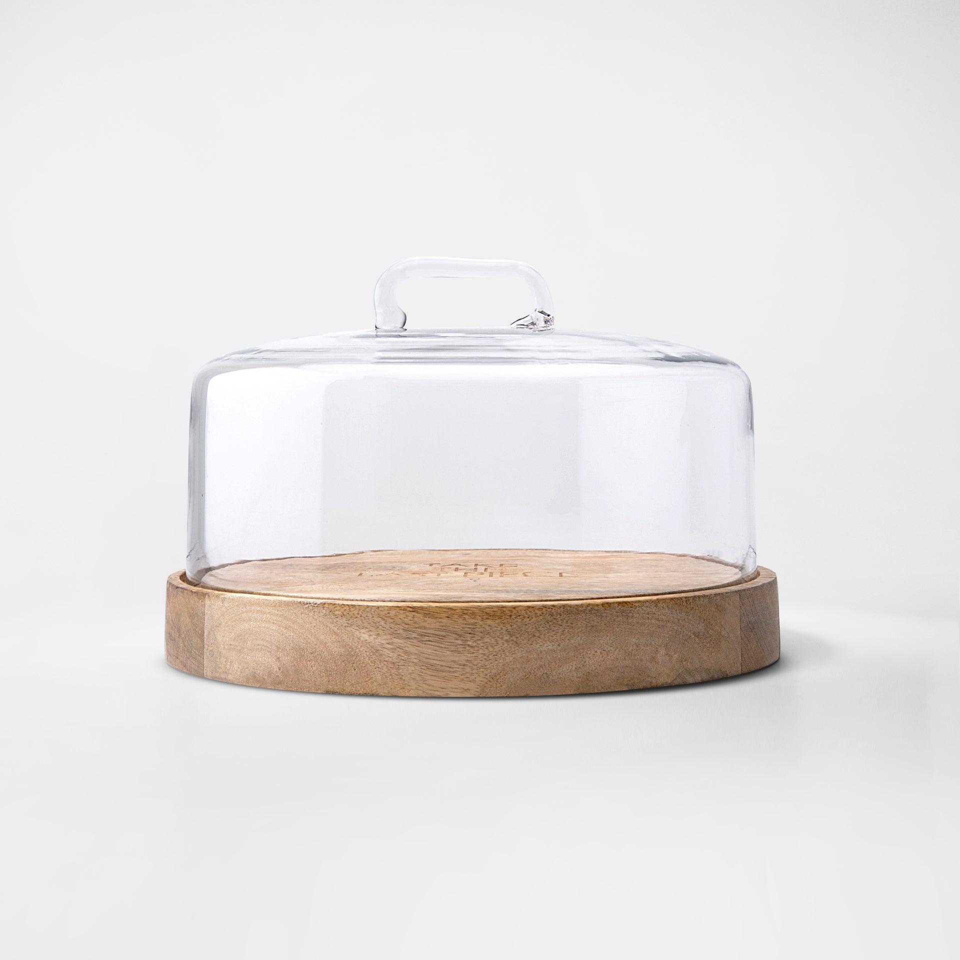 cylindrical glass cloche with wooden base
