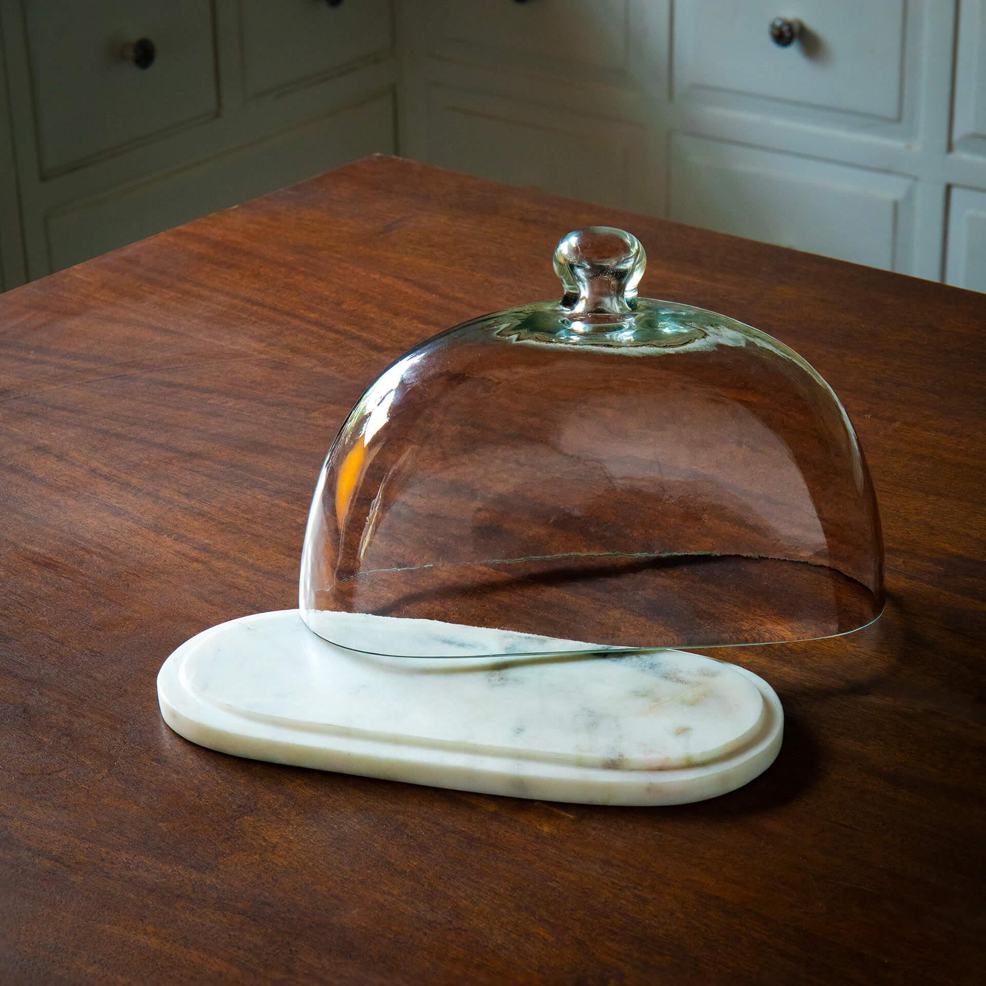 glass cloche with marble base oval