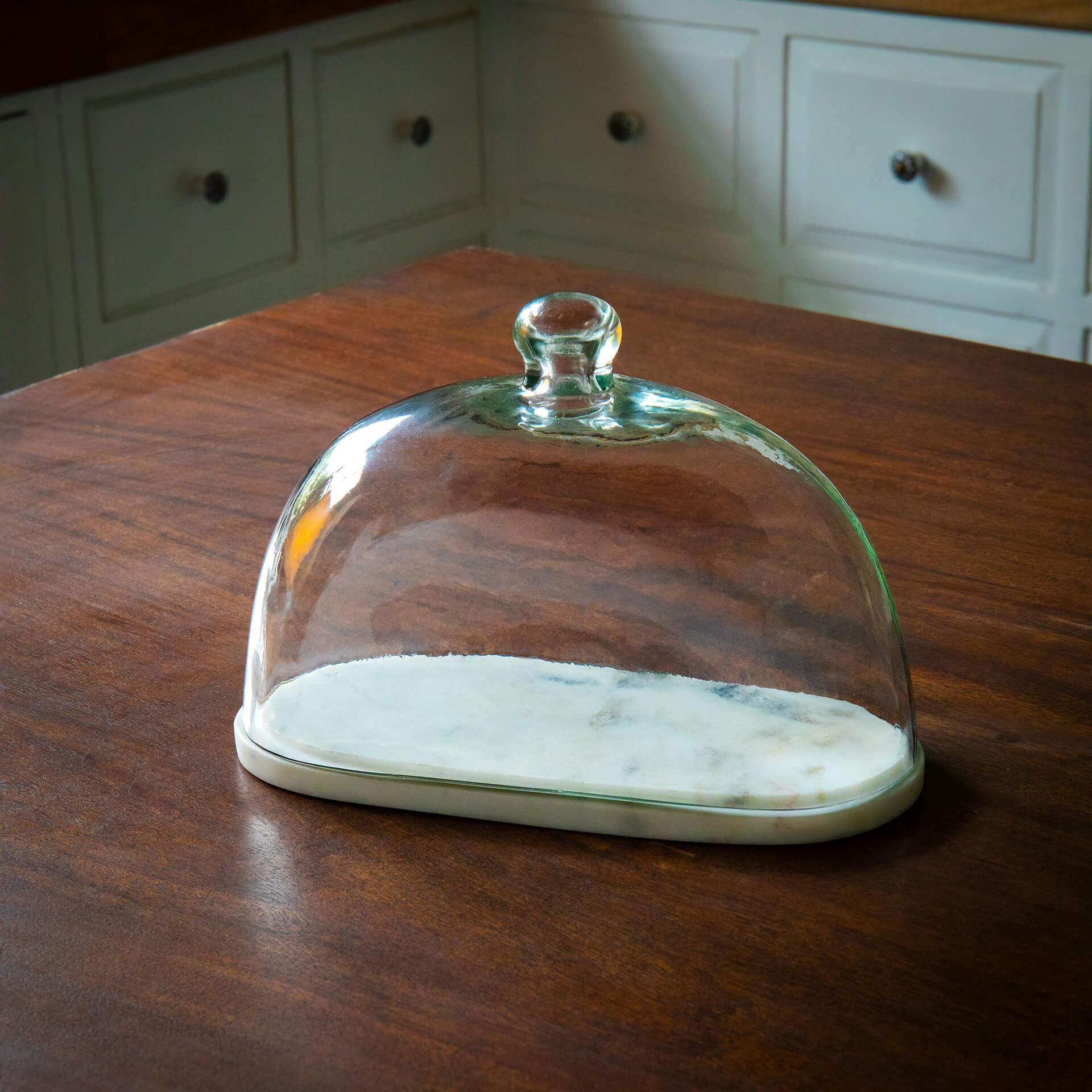 glass cloche with marble base oval