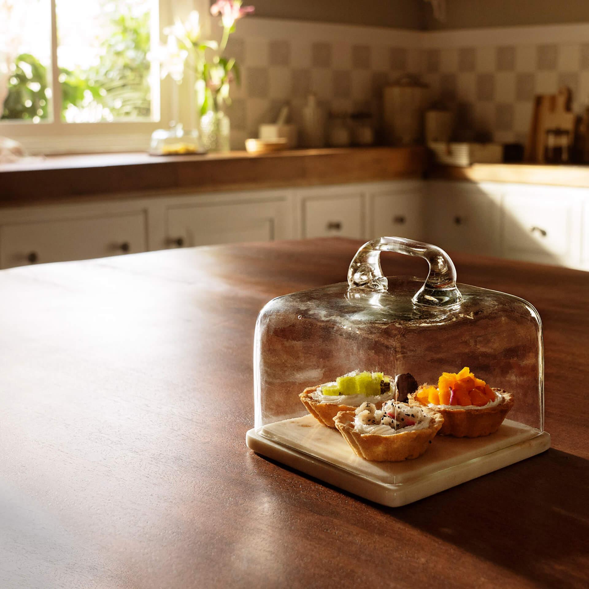 glass cloche with marble base square