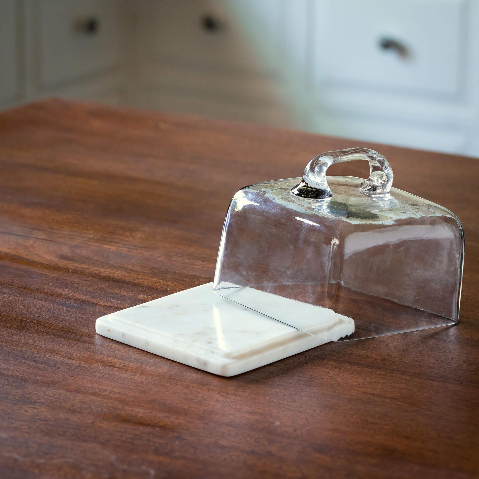 glass cloche with marble base square