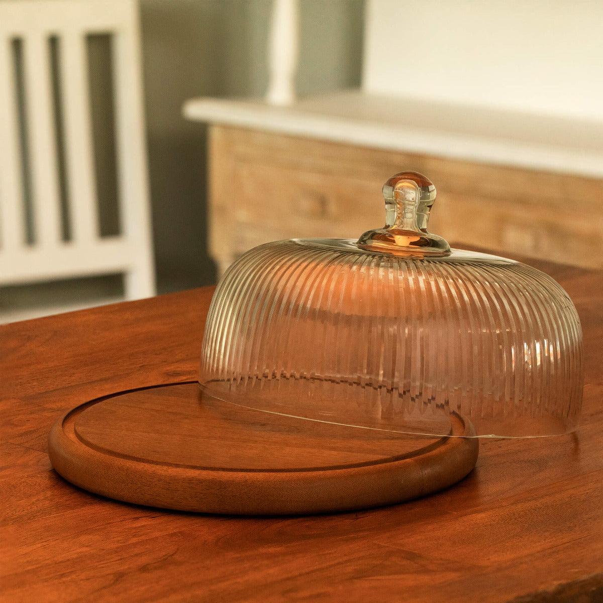 fluted glass cloche with wooden base