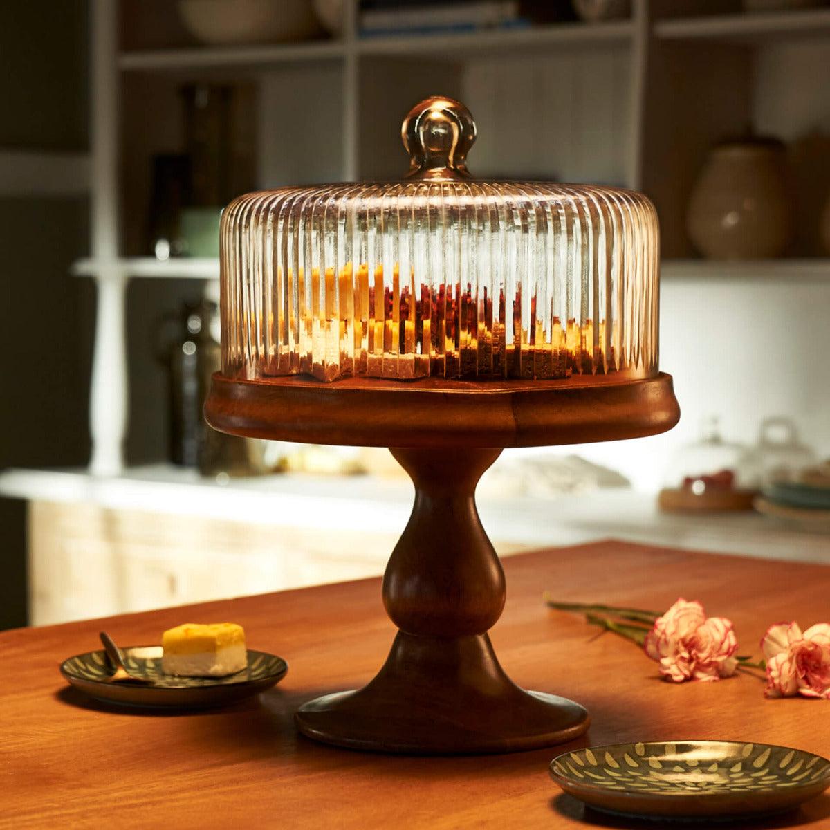fluted glass cloche with wooden stand - ellementry