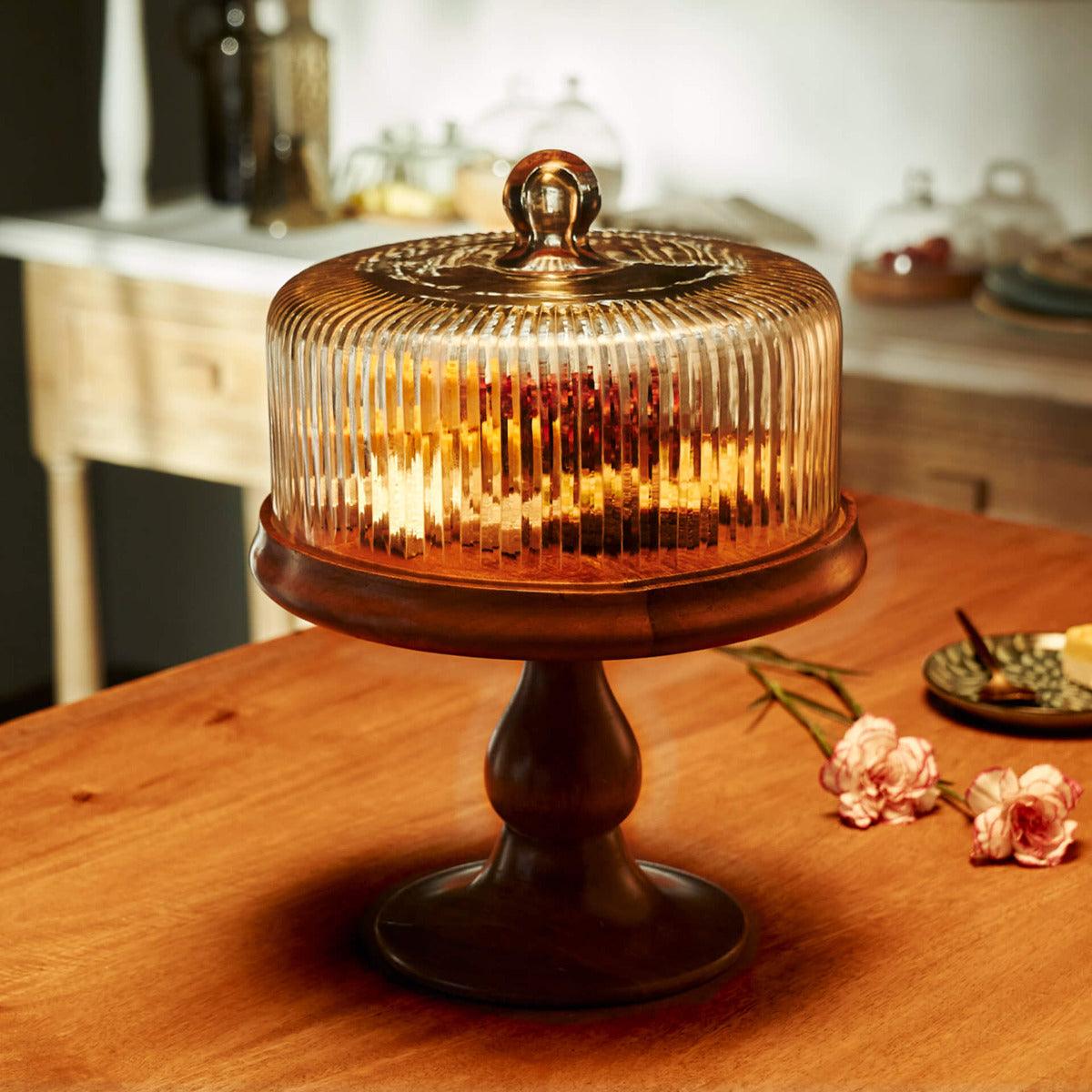 fluted glass cloche with wooden stand