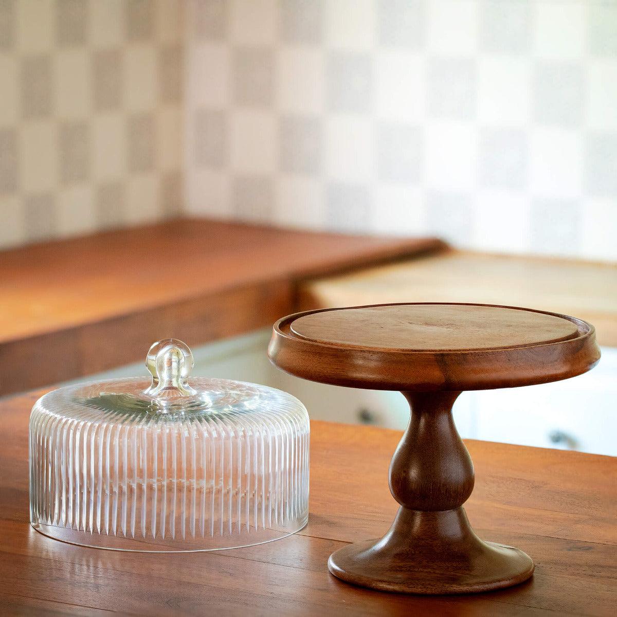 fluted glass cloche with wooden stand