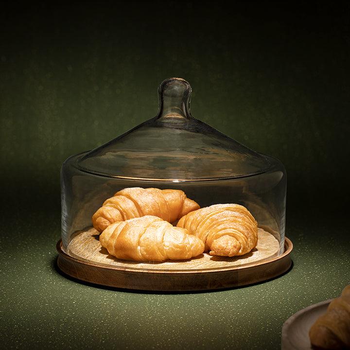 Bell Shaped Glass Cloche with Leaf Etched Wooden Base