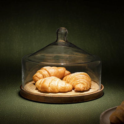 Bell Shaped Glass Cloche with Leaf Etched Wooden Base - ellementry