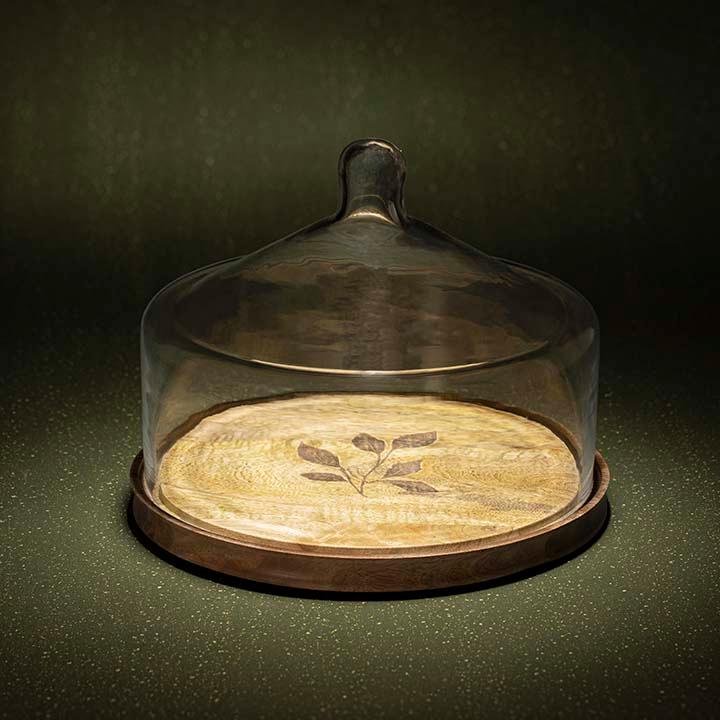 Bell Shaped Glass Cloche with Leaf Etched Wooden Base