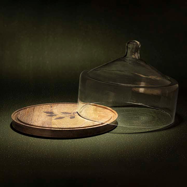 Bell Shaped Glass Cloche with Leaf Etched Wooden Base