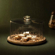 glass cloche with scallop wooden base