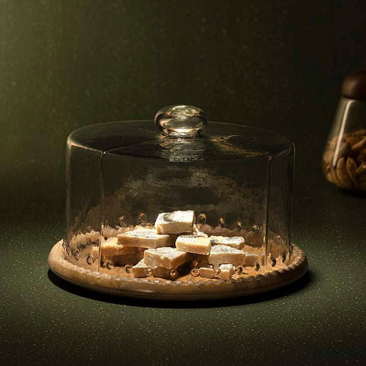 glass cloche with scallop wooden base - ellementry