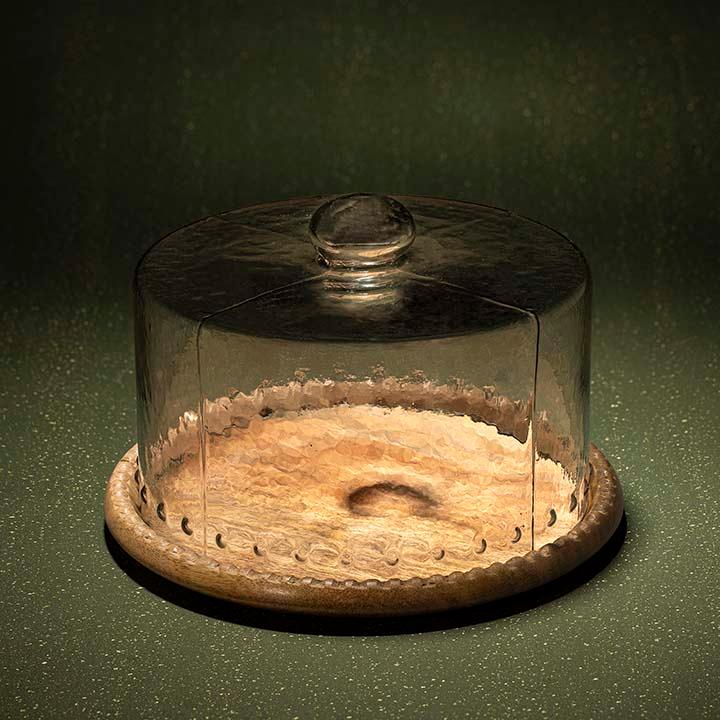 glass cloche with scallop wooden base