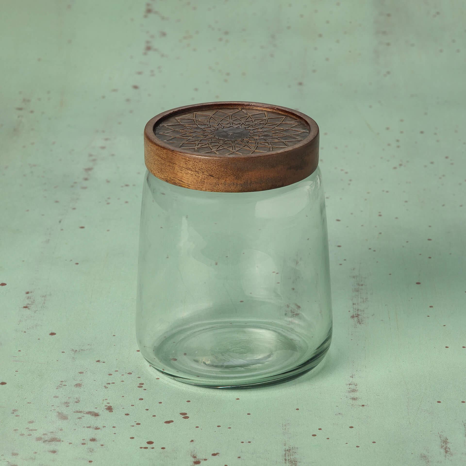 clear glass jar with metal cladding lid large