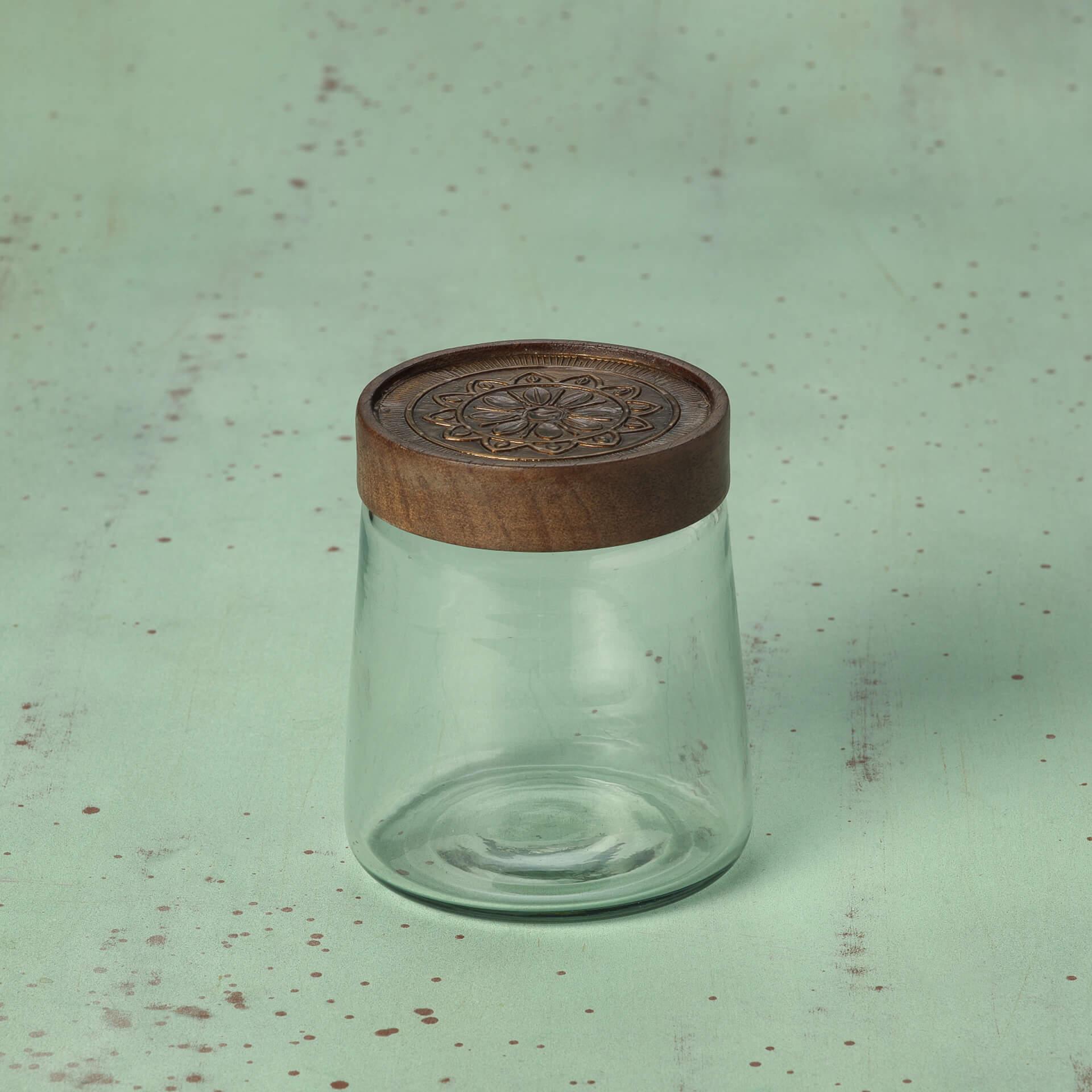 clear glass jar with metal cladding lid small