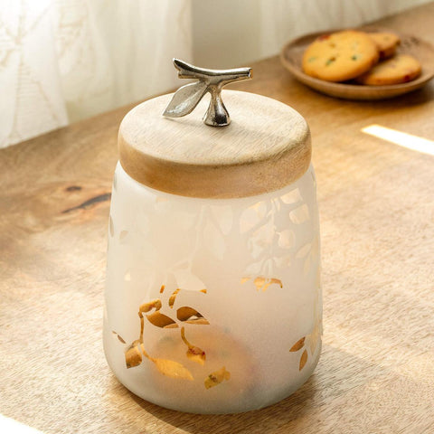 Twigy Frosted Glass Jar with Wooden Lid (Tall) - ellementry