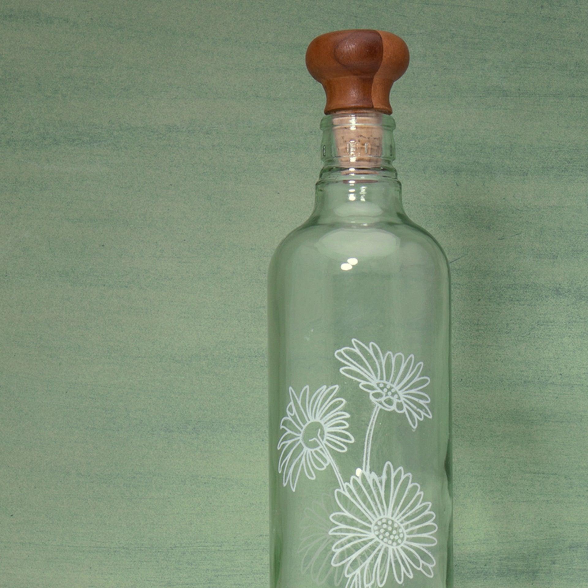 daisy glass water bottle with wooden stopper