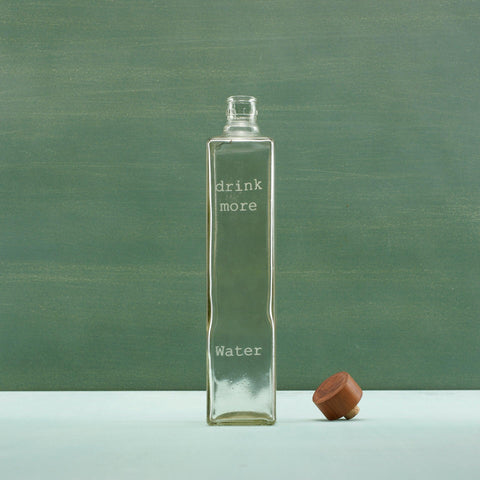 drink more glass water bottle with wooden stopper - ellementry