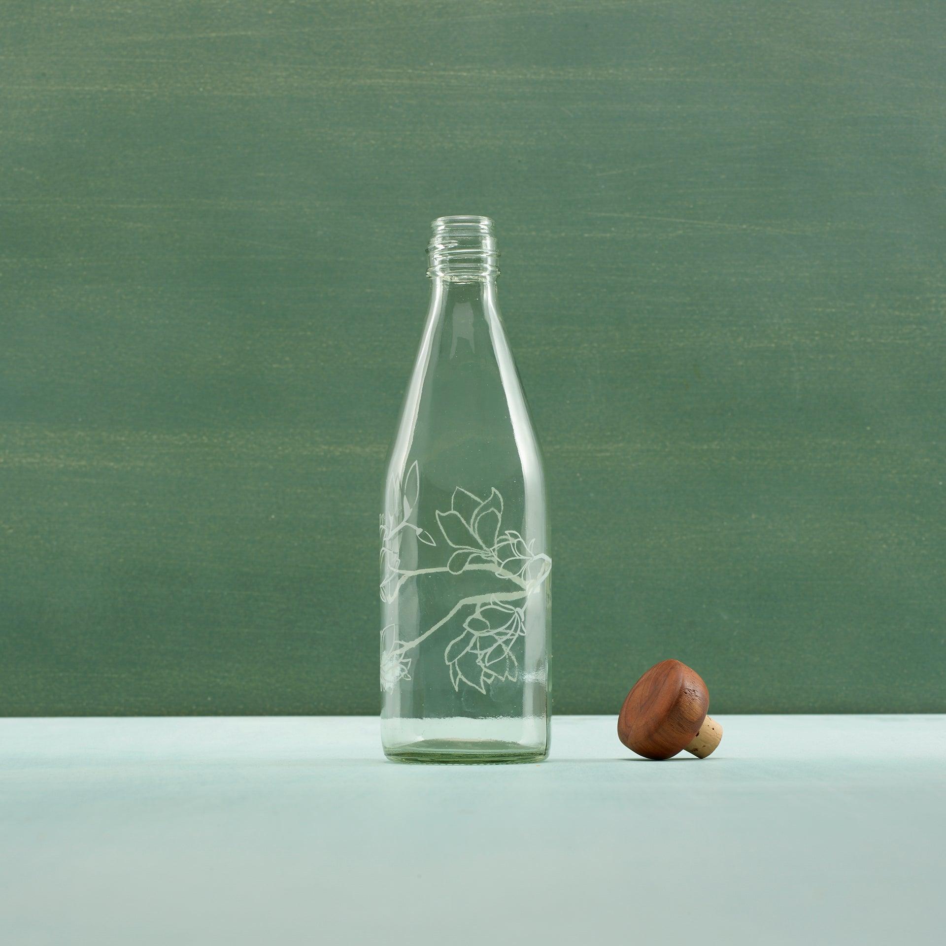 magnolia glass water bottle with wooden stopper