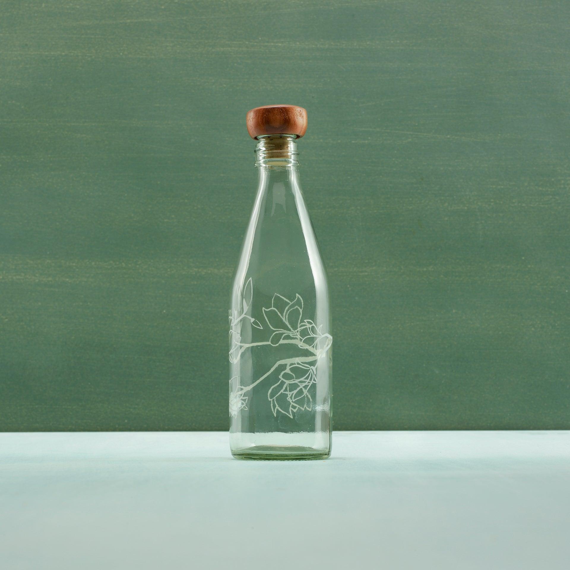 magnolia glass water bottle with wooden stopper