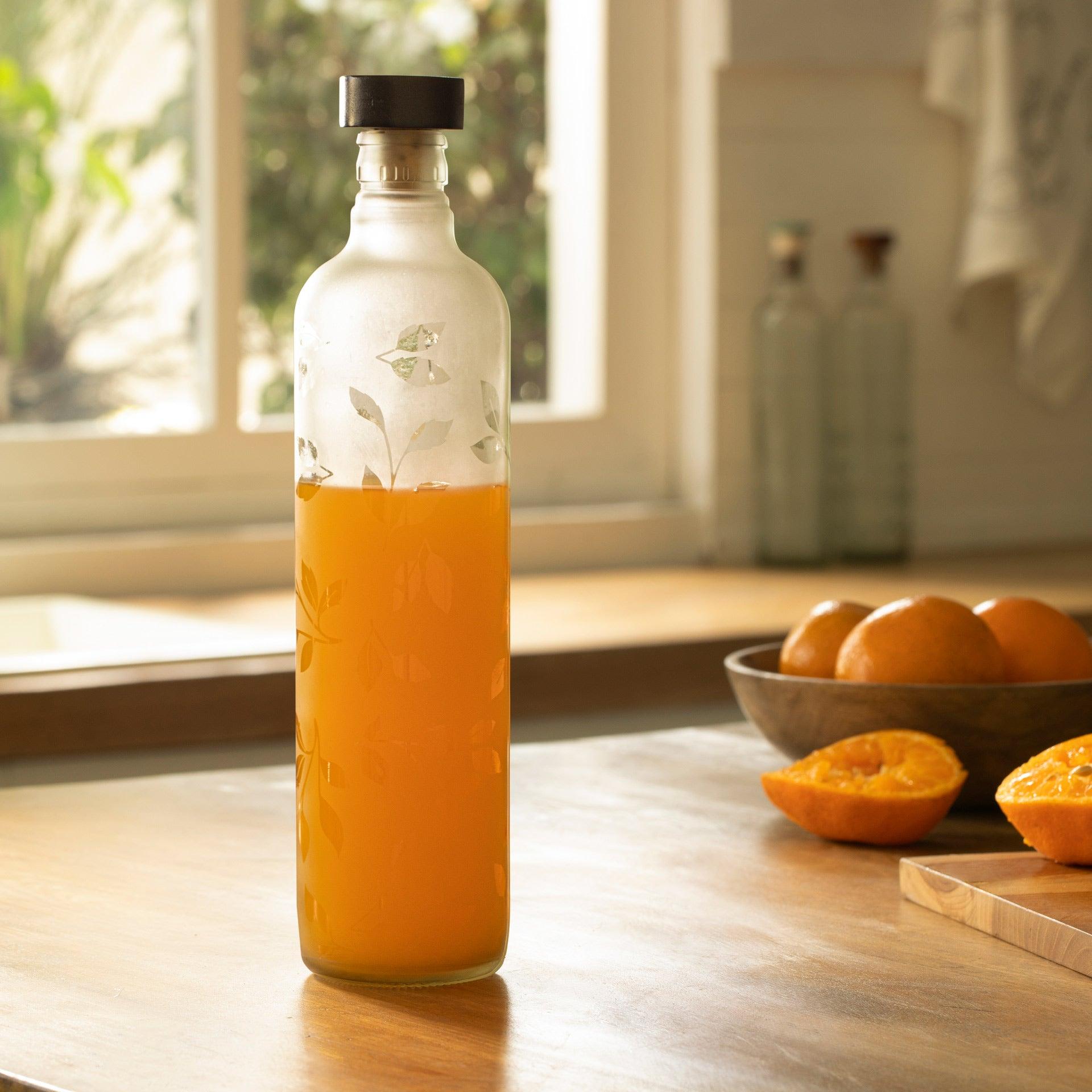 Frosted Leaf Glass Bottle with Black Wood Stopper