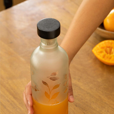 Frosted Leaf Glass Bottle with Black Wood Stopper - ellementry