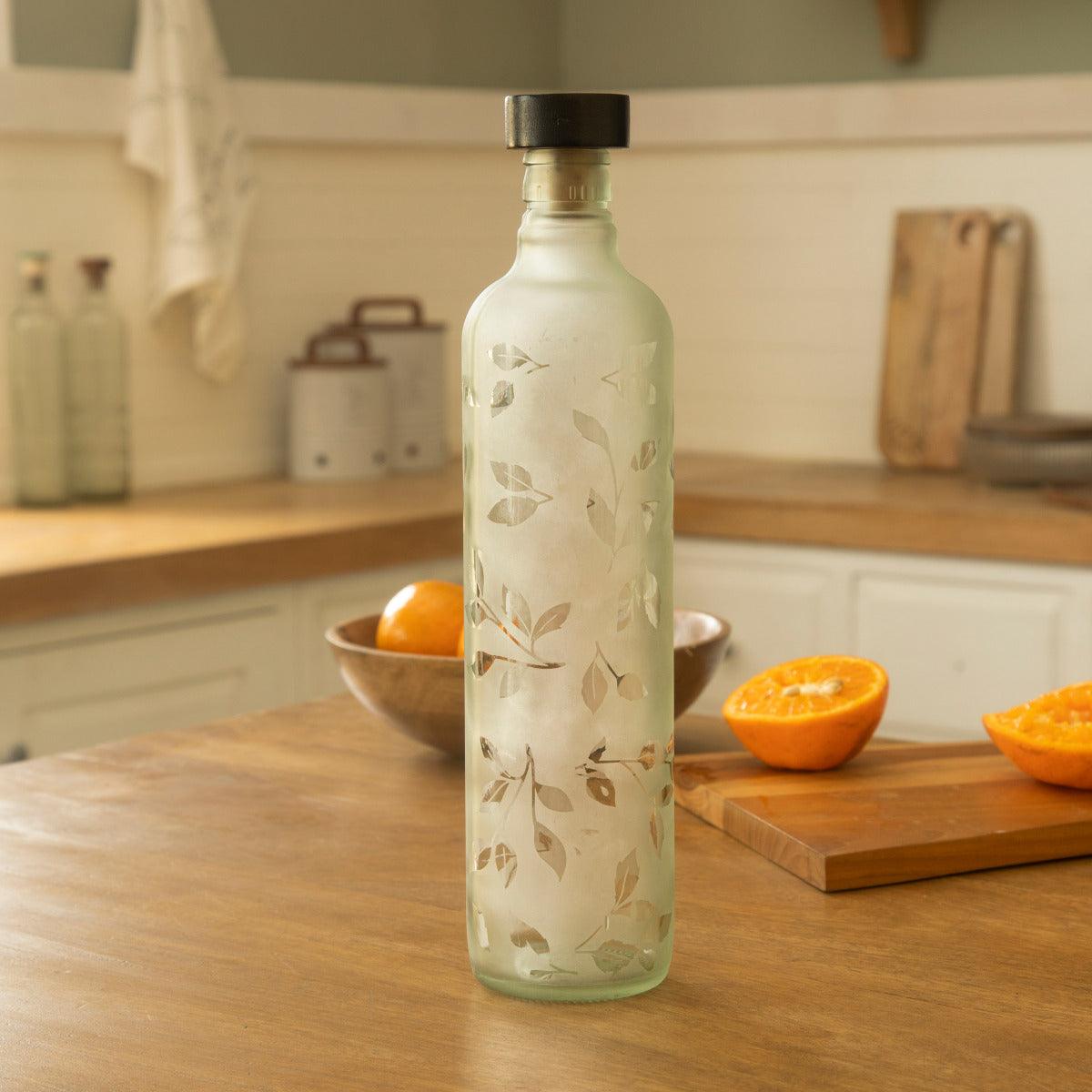 Frosted Leaf Glass Bottle with Black Wood Stopper