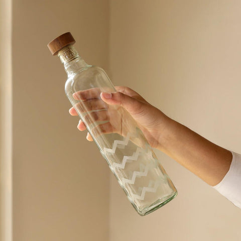 Frosted Chevron Glass Bottle with Brown Wood Stopper - ellementry