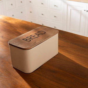 Egg Shell Metal Bread Box With Wooden Lid