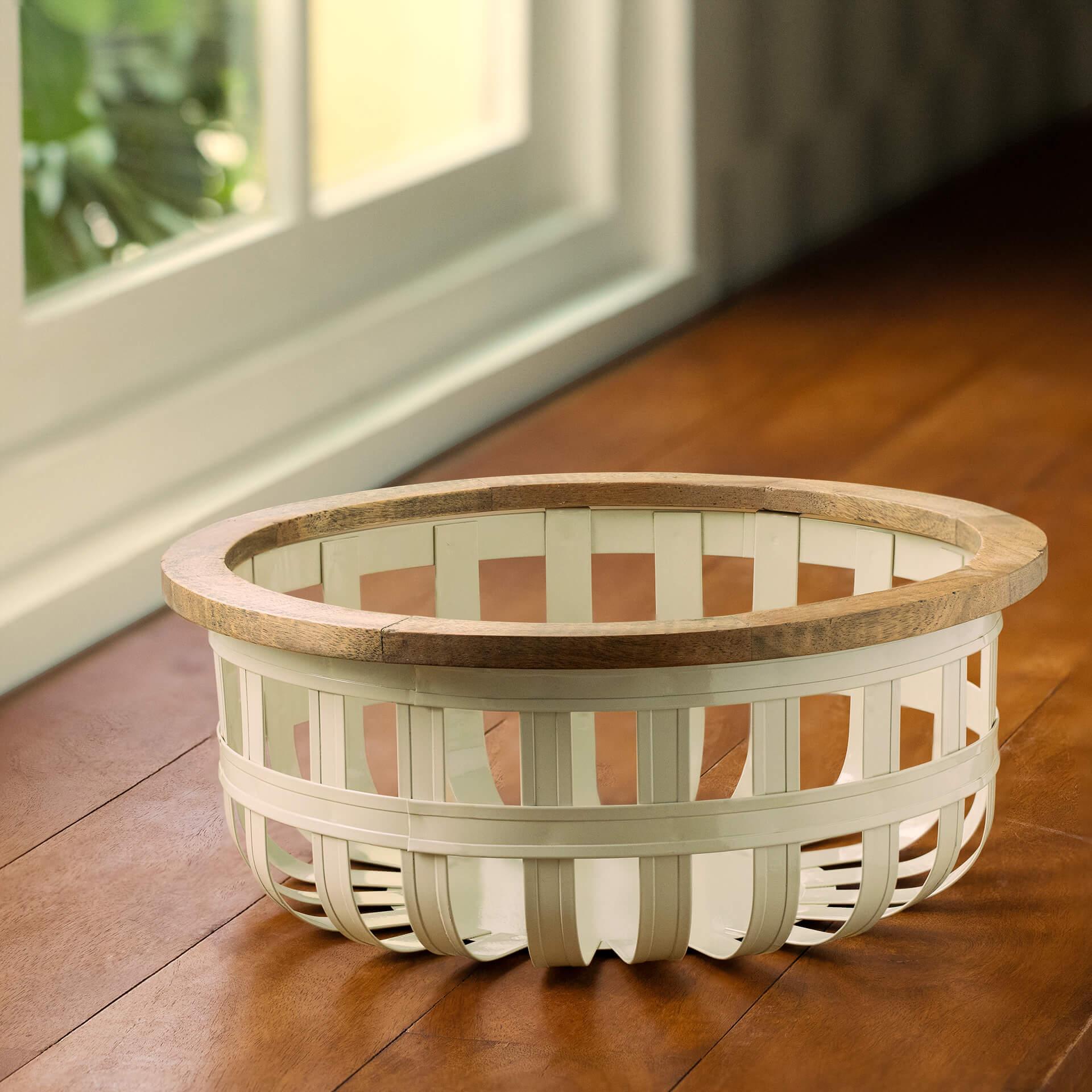 egg shell round metal basket with wooden trim small